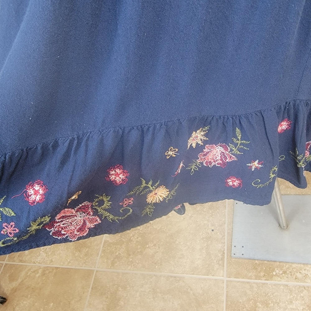 Feathers High-Low Dress Women 1X Navy Blue Floral Embroidered Boho Off-Shoulder - Picture 3 of 8